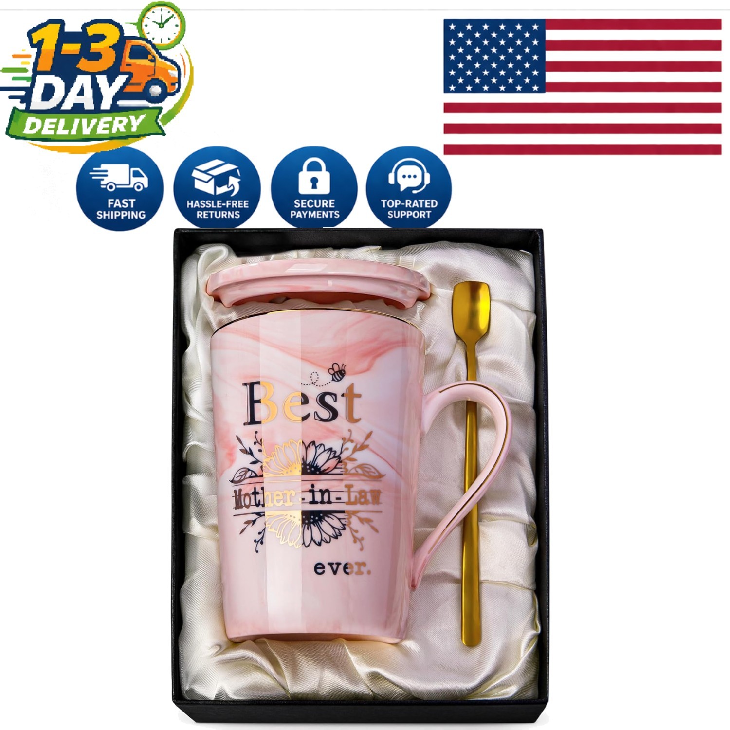Thoughtful Mother-in-Law Gift: 14oz Pink Marble Mug with Elegant Gold Accents