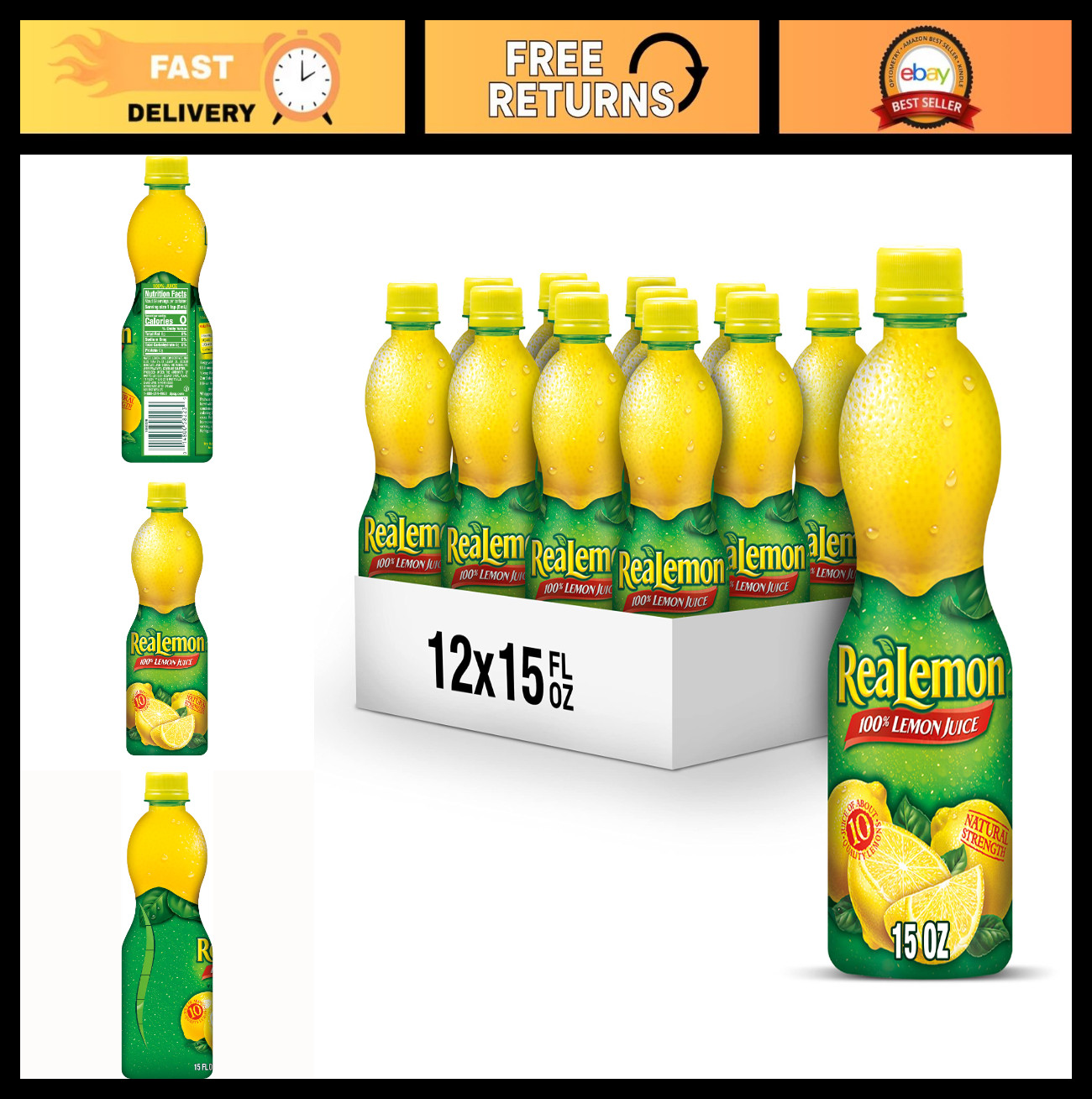 100% Pure Lemon Juice 15 fl oz (Pack of 12) – Gluten-Free, Sodium-Free Mixer for